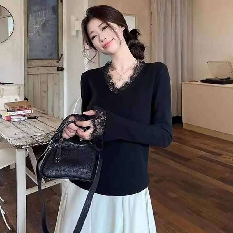 Fashion Lace V-Neck Knitted Sweater for Women Elegant Temperament Long Sleeve Jumpers Ladies Fall Winter Bottoming Pullover Z260313