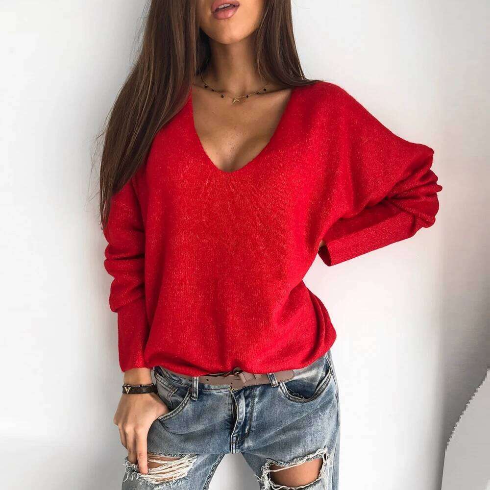 Women Elegant V Neck Pullover Vintage Long Sleeve Loose Knitted Sweater Casual Solid Wild Jumpers 2020 Knitting Tops Z260313