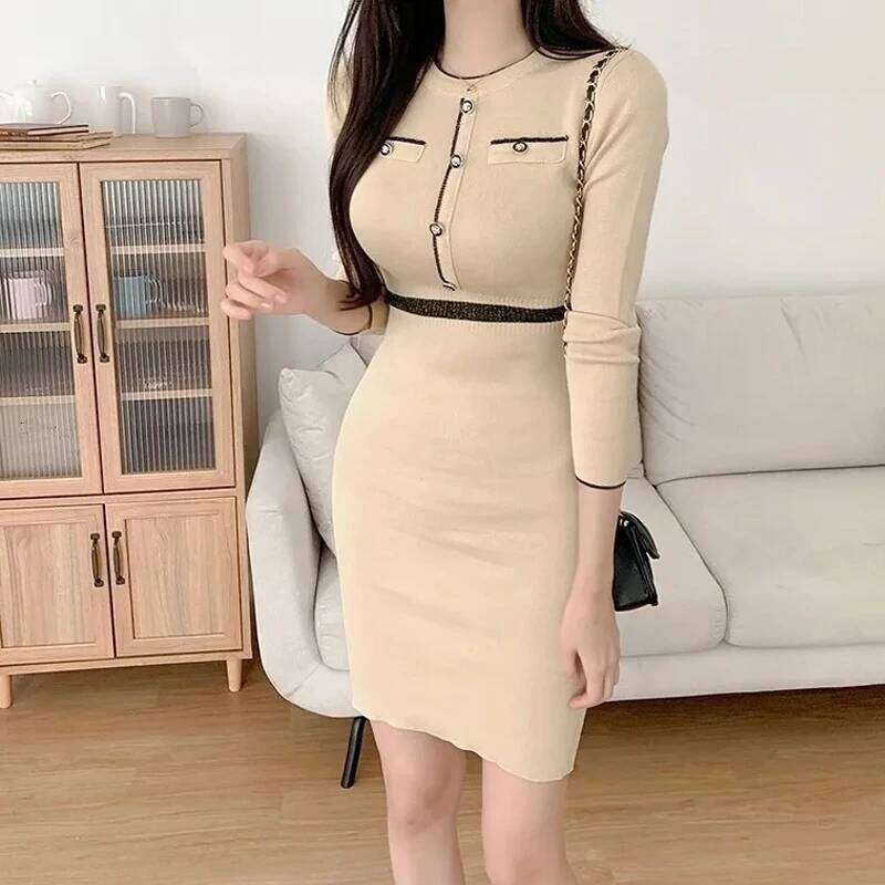 YuooMuoo Chic Fashion Sexy Package Hips Knitted 2025 Autumn Winter Slim Waist Bodycon Sweater Dress Office Lady Vestidos Z260313