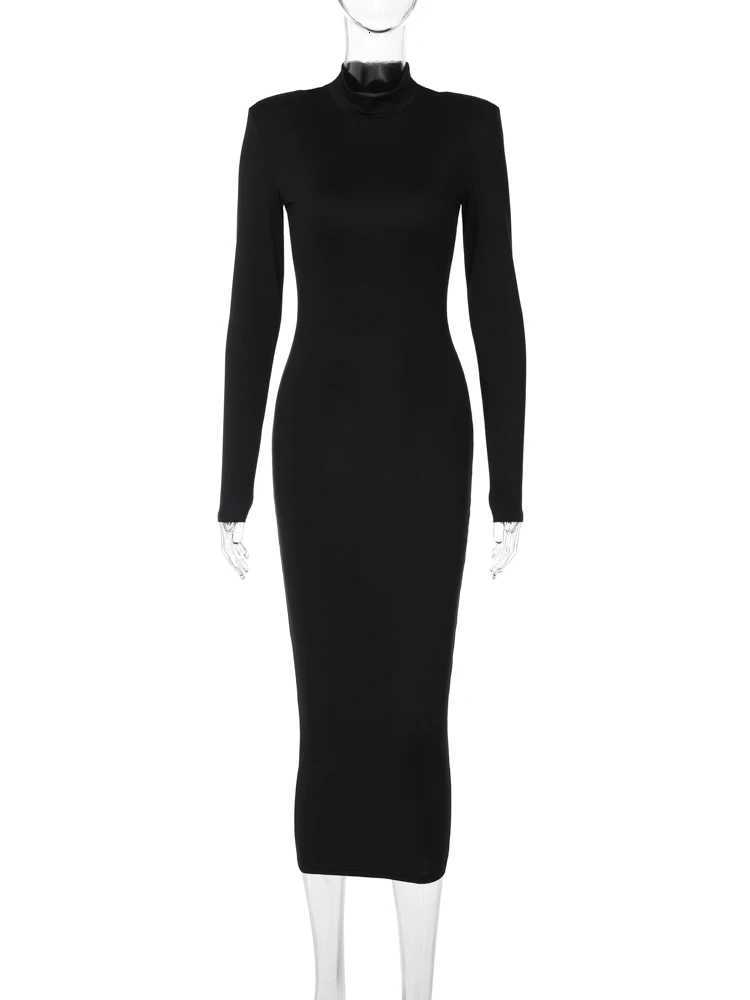 Hugcitar Women Fashion Turtleneck Long Sleeves Black Sexy Bodycon Maxi Prom Dress Fall Casual Clothes Streetwear Party FestivalT260316