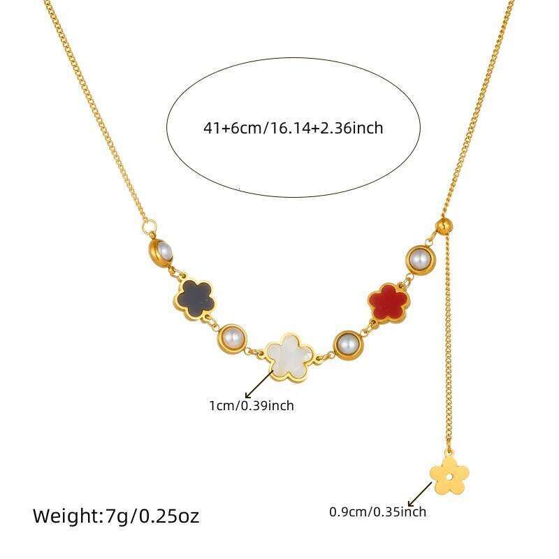 MEYRROYU 316L Stainless Steel White Black Red Five Flower Round Pearl Necklace Womens Trend flowers Neck Jewelry Gift Party H260312