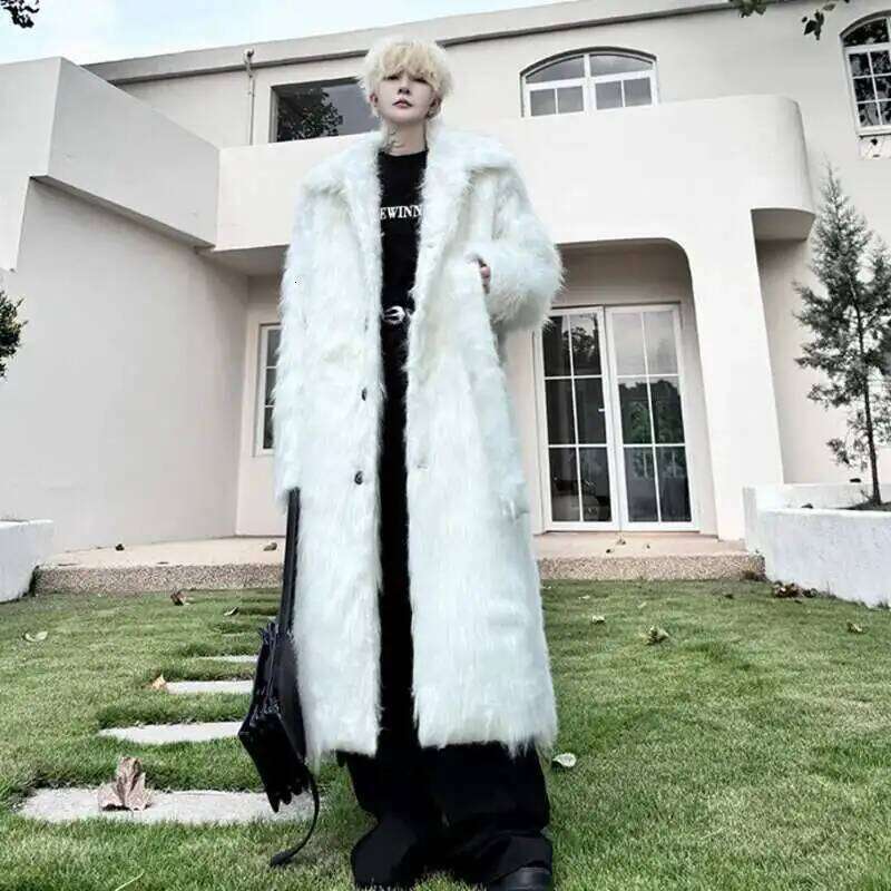 PNW Belt Single Breasted Thickened Winter Long Faux Fur For Men Black White Fashion Design Loose Cotton-padded Coat 9C8121 Z260313