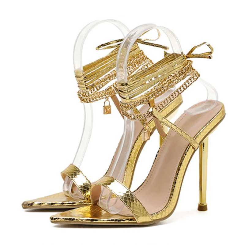 Womens Sandals High Heels 12CM New Chain Ankle Strap Gold White Pointed Toe Female Party Shoes Sandalias de mujer Size 35-42 K260313
