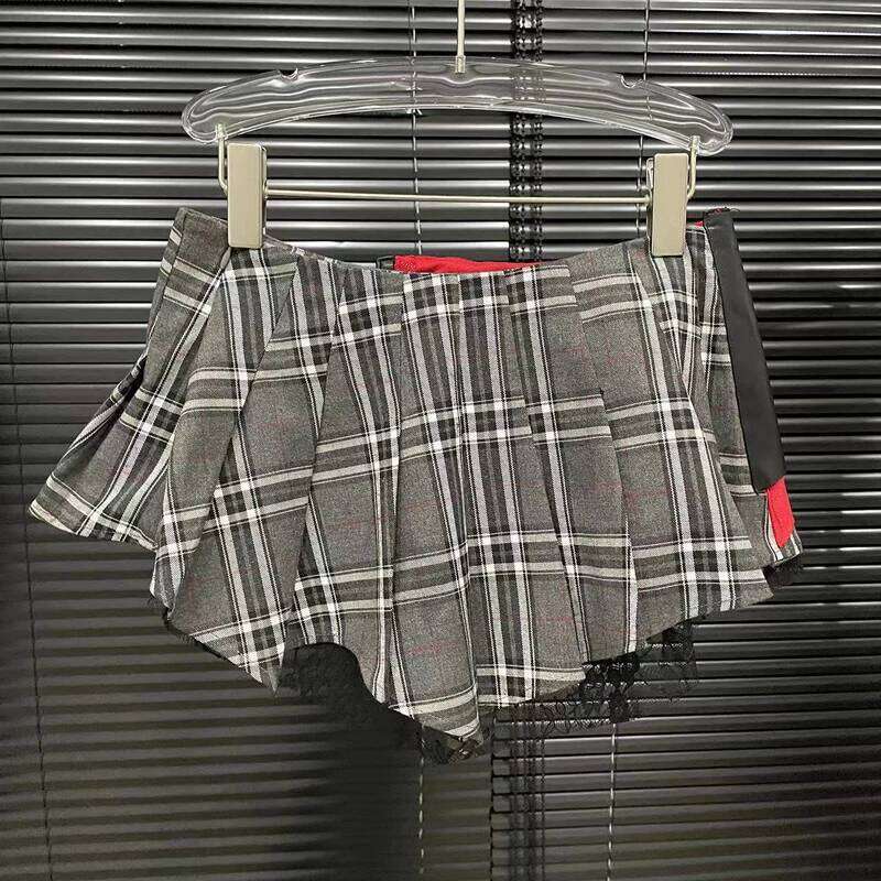 2025 Trending Women Plaid Leather Patchwork Design Mini Skirts Streetwear Female Modern Punk Irregular Y2k Pleated Short Skirt