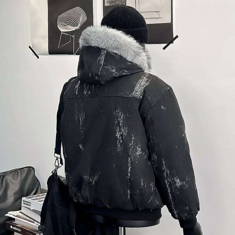 Y2K Cotton with fur collar eagle embroidered tie-dyeed winter men's design outdoor jacket thick and comfortable Z260313