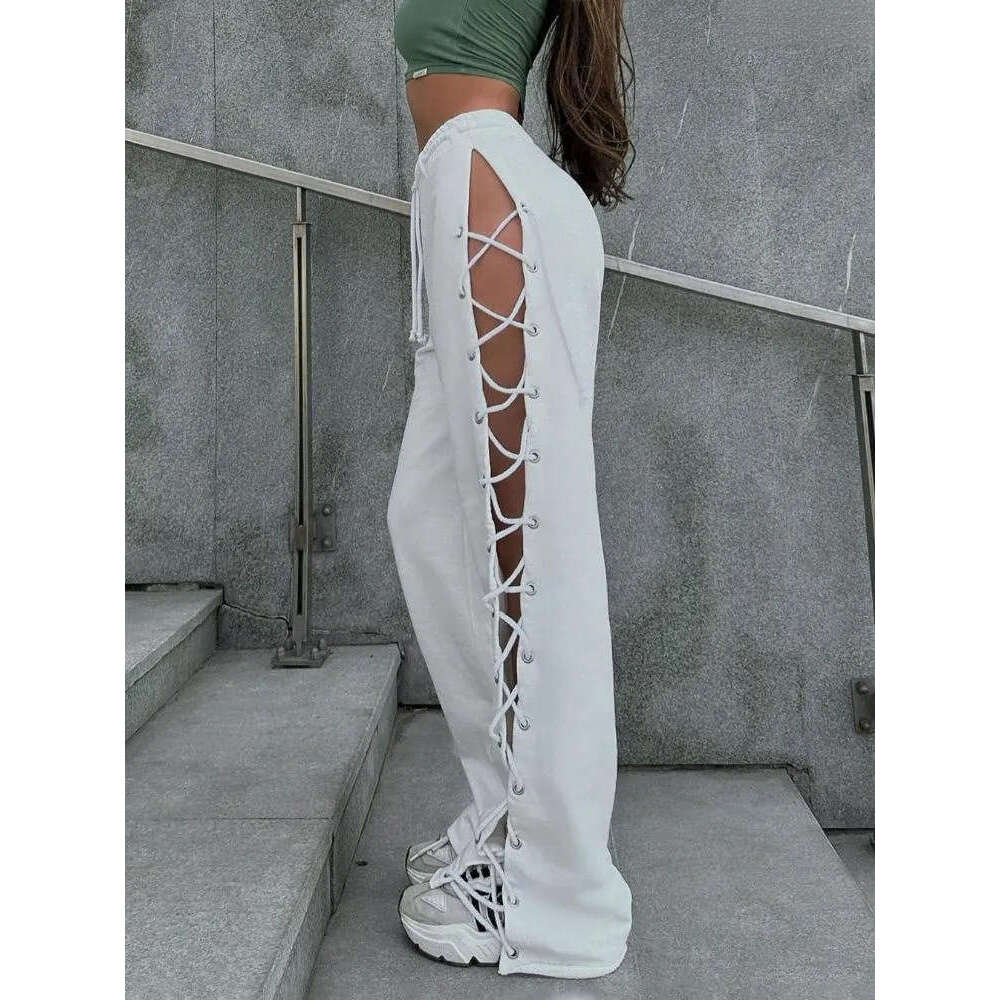 Women's Pants Hollow Out Bandage Sweatpants Solid High Waist Side Split Loose Straight Trouser Female Casual Tie Drawstring Pant Z260312