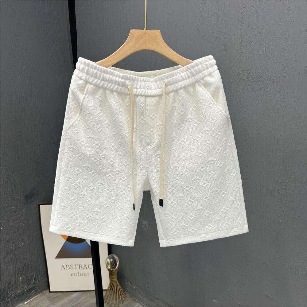 Summer Light Luxury Casual Style White Jacquard For Men, Trendy Brand Knee-Length Shorts, 2024 New Men's Beach Shorts Asia Size