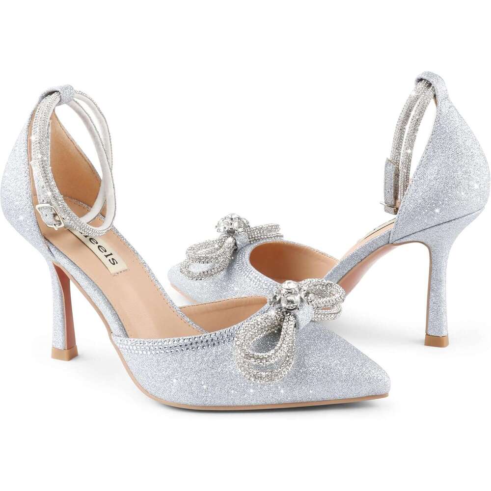 Women S Wedding Sparkly Rhinestone Stiletto Pumps Bow Pointed Toe Ankle Strap High Heels Bridal Party Dress Shoes MOJIDASHU