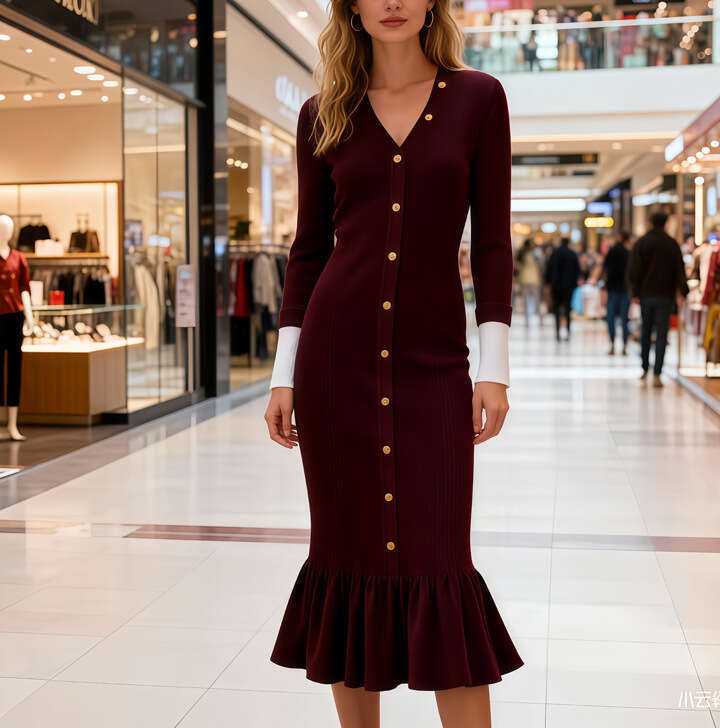 2026 designer European and American women's V-neck single breasted fish tail slim fit long sleeved knitted dress