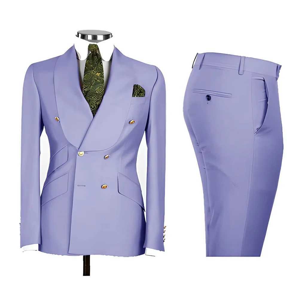 2 PCS Mens Smart Casual Solid Formal Tuxedo Suits with Shawl Lapel Double Breasted Jacket And Pants for Business And Wedding M260313