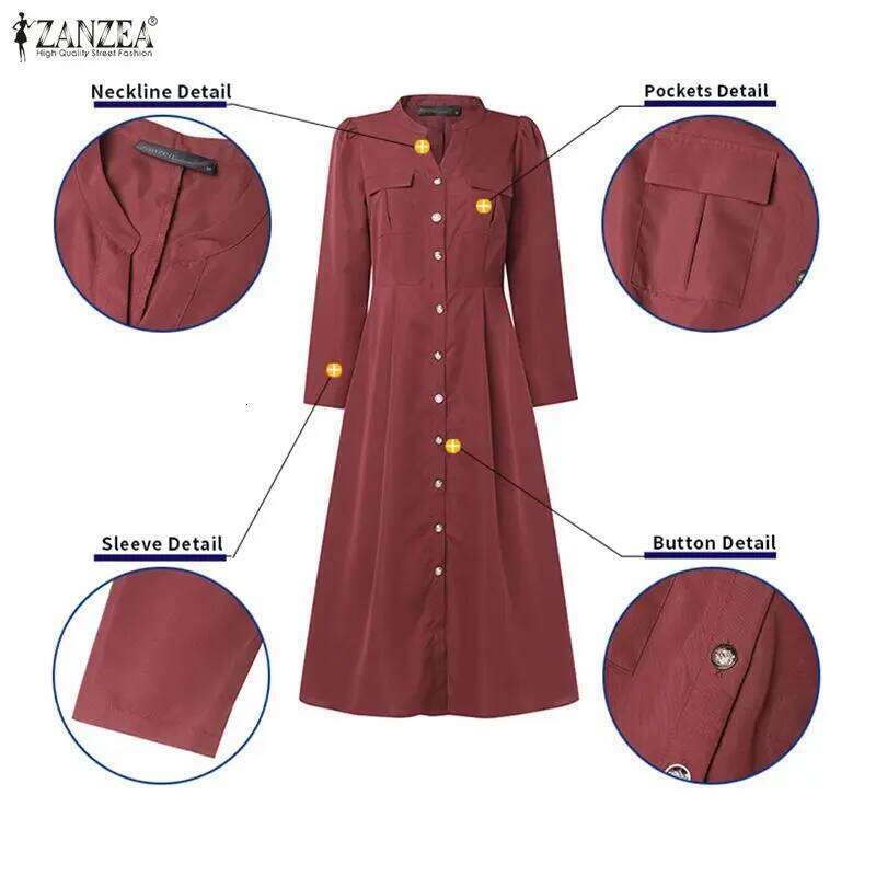 ZANZEA Elegant Party Dress Women Sleeve V-Neck Buttons Long Shirt Vestidos 2026 Fashion Casual Streetwear Office Midi Robe Z260314