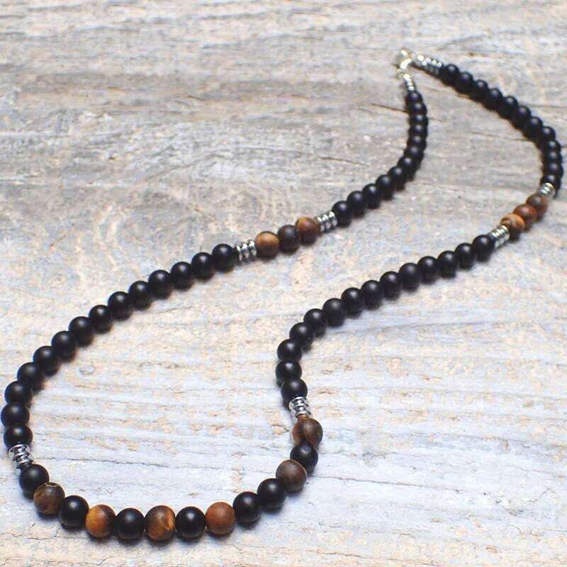 Tribal Surf Boho Necklace, Tiger's Eye Black Onyx Mens Necklace H260312