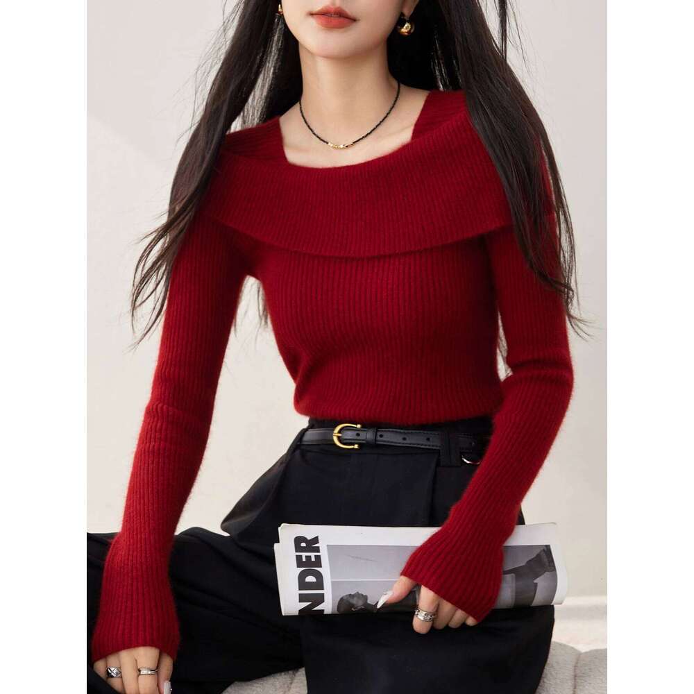 Women's Red Knit Top: Elegant Slim-Fit Long-Sleeve Sweater Versatile, Comfortable & Stylish Z260313