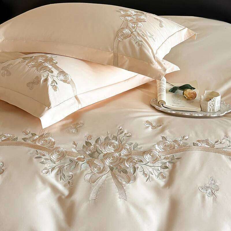 100% Cotton Rose Flowers Embroidery Bedding Queen King Size Duvet Cover Set Flat/Fitted Bed Sheet Pillowcases 4Pcs H260312 - view 6