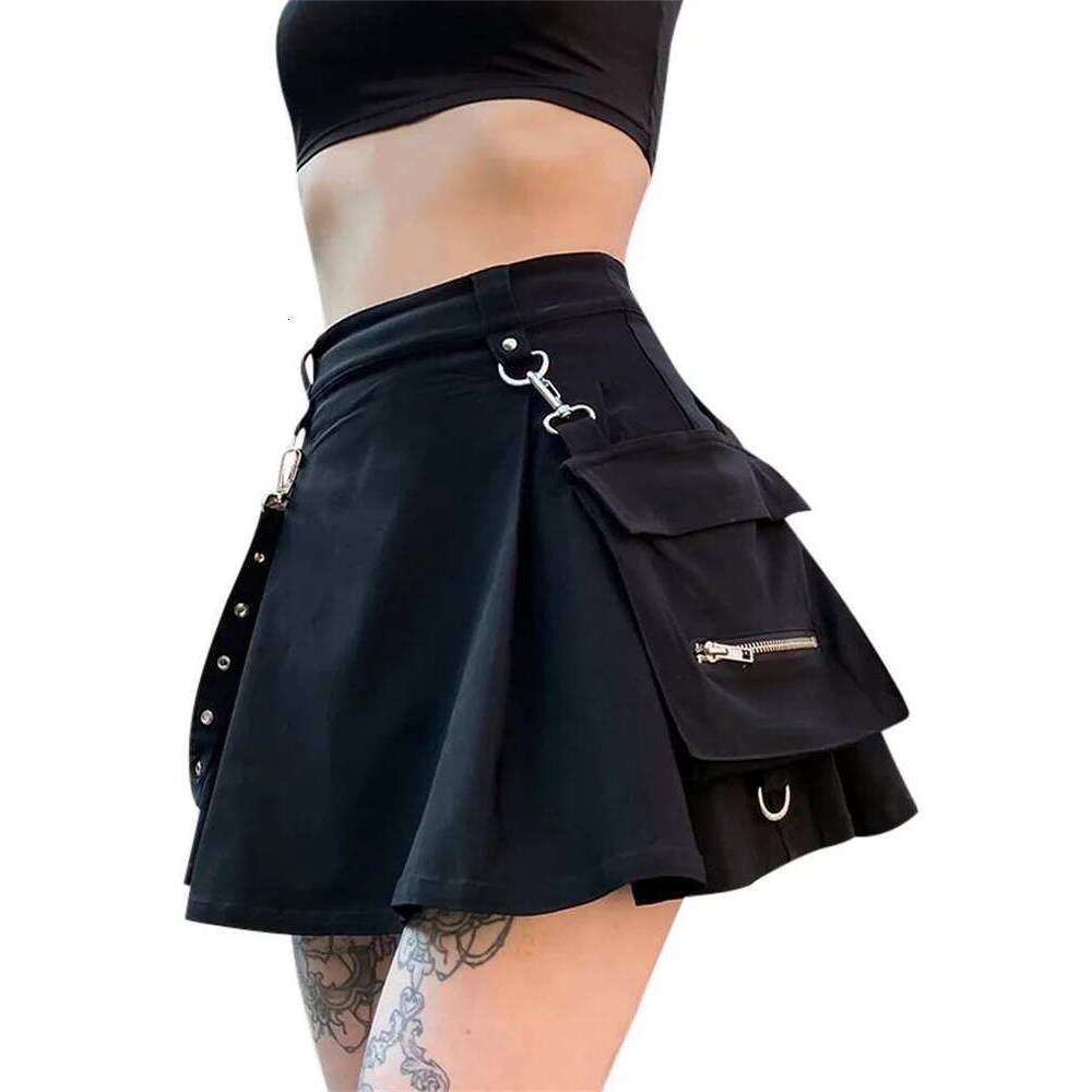 Women Gothic Punk Mini High Waist Half Skirts with Belt Pocket Korean Fashion Pleated Skirt Z260314