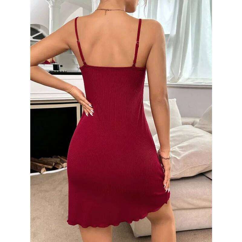 Women's Sexy Lace Sleep Summer Sleeveless Ribbed Nightgowns Women Casual Elastic Loungewear Mini Dress