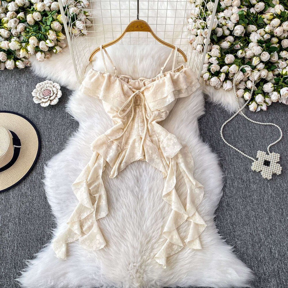 Designer French ruffled off shoulder women's vest 2026 new irregular jacquard slim fit top