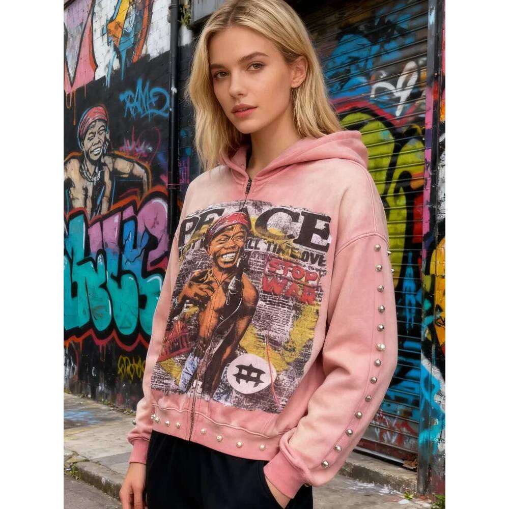 Y2K Aesthetic Pattern Print Hoodie Vintage Punk Gothic Couple Pearl Graffiti 2000s Streetwear 26Y0313