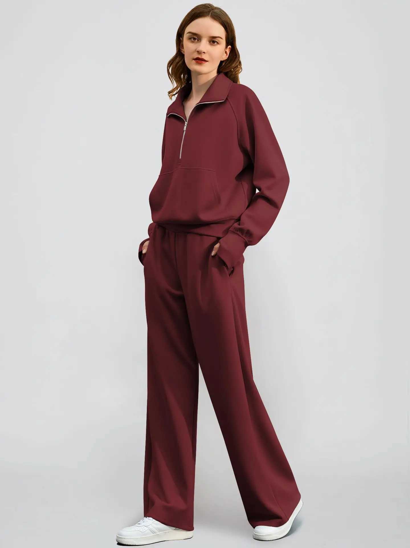Woman Solid Color Half Zip Long Sleeve Sweatshirt and Wide Leg Pants Set Casual Sporty Two Piece Outfit M260313