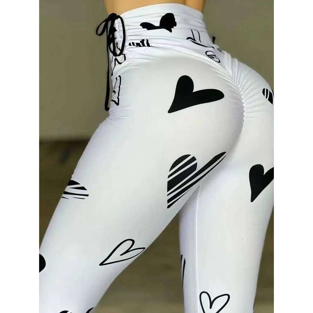 Summer Spring Women's Trousers Drawstring Love Pattern Print Yoga Exercise High Waist Fitness Leggings Ladies Cropped Pants