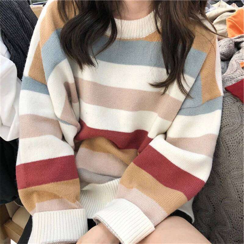 Multicolor Striped Pullovers Women Long Sleeve Crew Neck Rainbow Knitted Sweater Cozy Jumper Fall Winter Ladies Casual Outfit Z260314