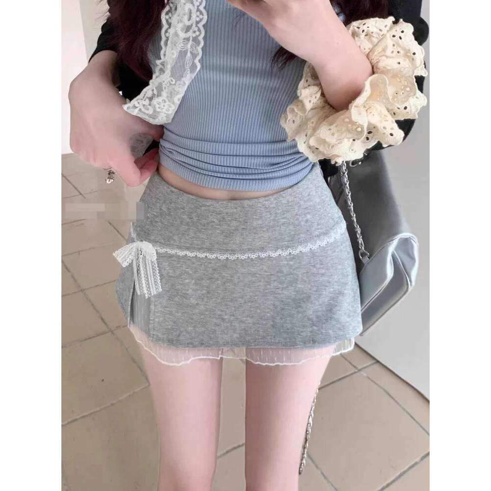 Sweet Lace Patchwork Women Summer Japanese Kawaii Bow Mini Fashion Low Waist Preppy Slit A Line Skirts New Z260314