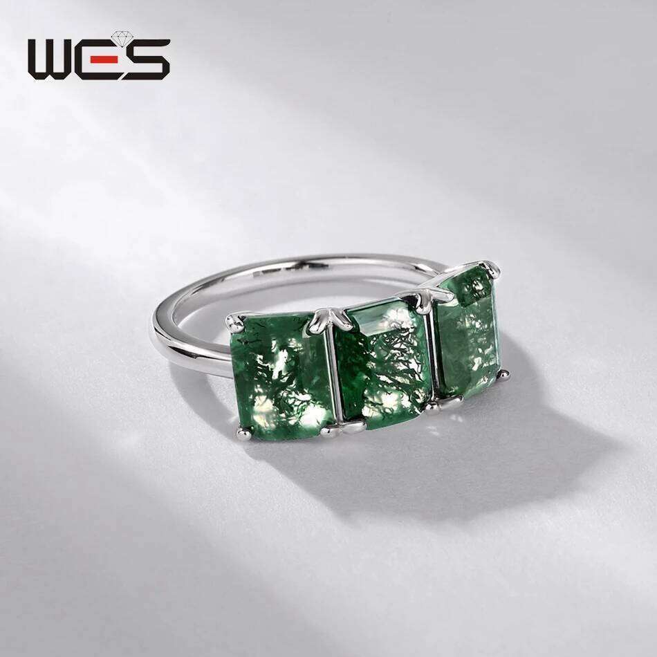 WES 925 Sterling Silver Three Stones Natural 6*8mm Moss Agate Ring for Woman Luxury Jewelry Wedding Party Gift Rhodium Plated H260312