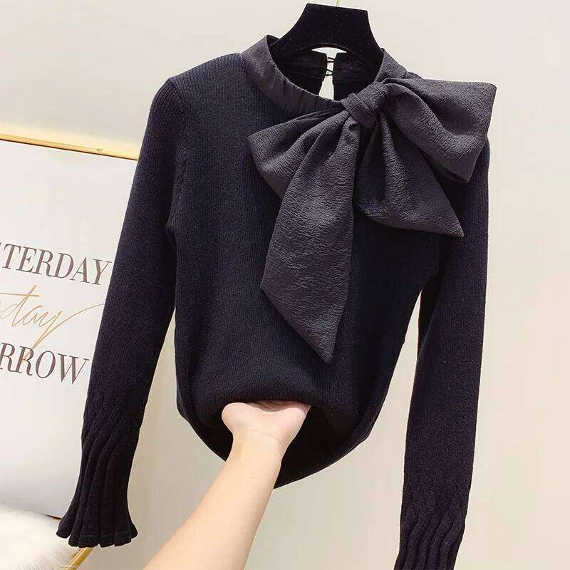 Autumn Winter Retro Tie 3D Bow Decors Sweater Flare Pullovers Bottoming Knitted Shirt Long Sleeve Tops Blusas Mujer 2019 Z260314