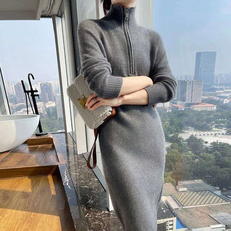 Autumn Winter Knitted Turtleneck Women's Long Skirts Loose Solid Color Versatile Sweaters for Outer Wear Z260313