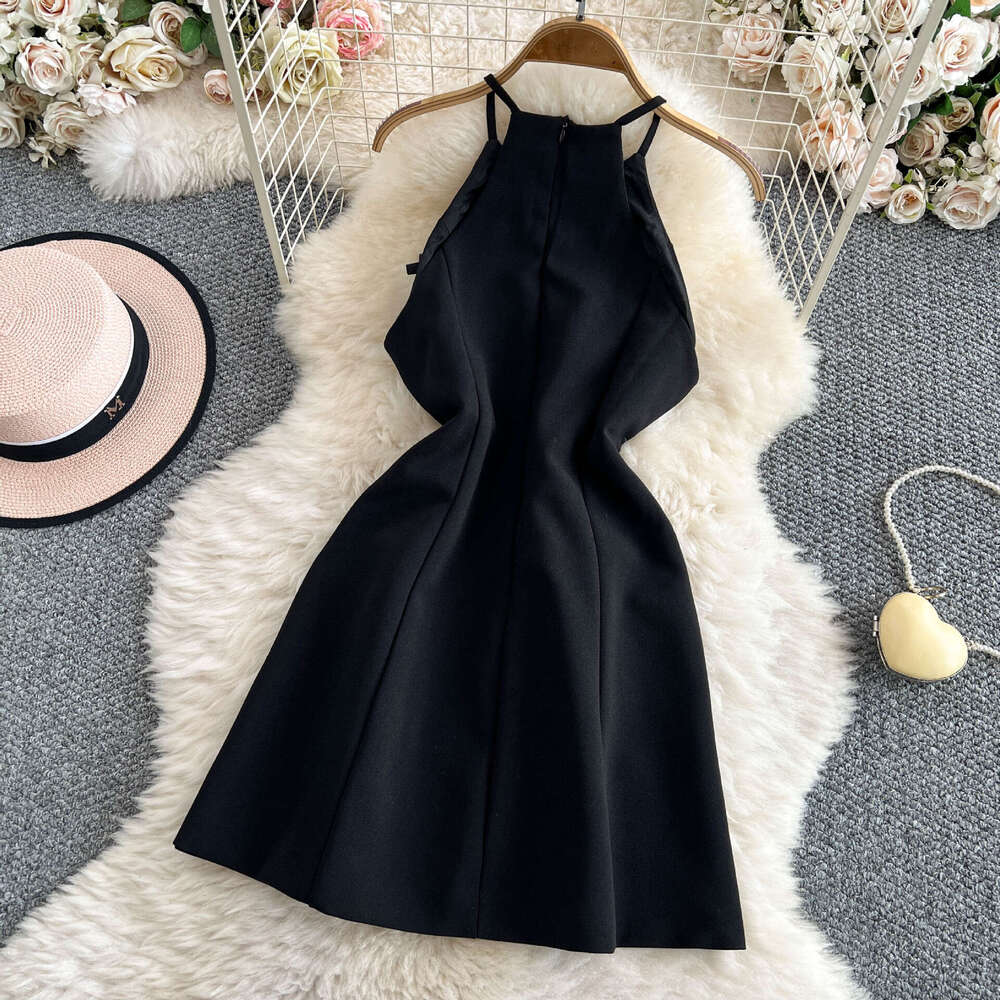 Designer European and American sweet and spicy girl backless collar summer fashion heavy bow slim fit A-line small black dress