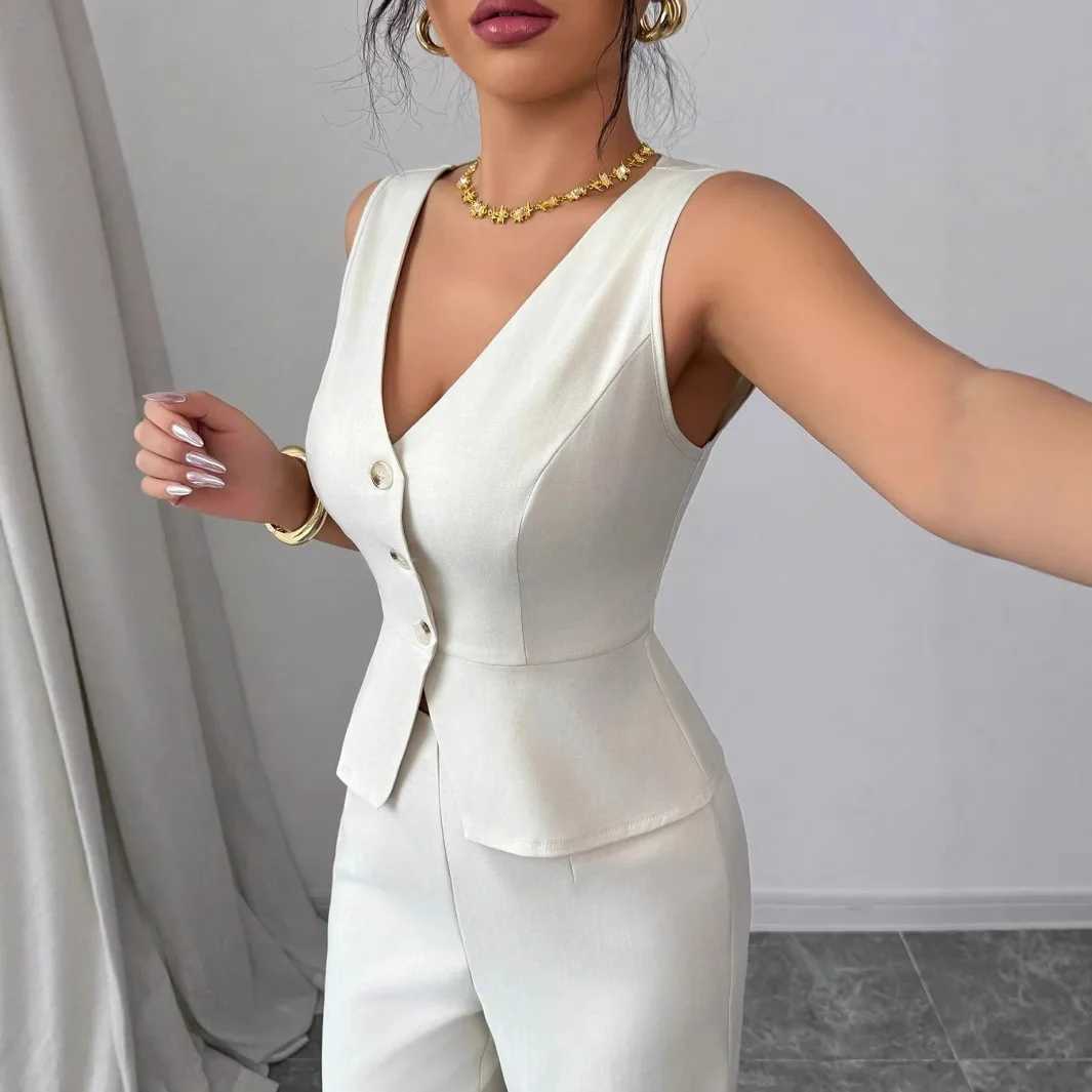 Womens Solid Color Sleeveless Slim Fit Vest High Waisted Pants Two-piece Set for Summer 2025 M260313