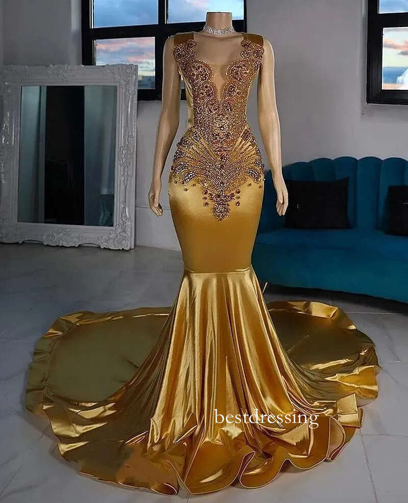 Gorgeous Gold Prom Dresses Sheer Jewel Neck Beads Appliques Crystals Mermaid Evening Party Gowns 2025 New Black Girls Robe De Bal Bc20315 B0313