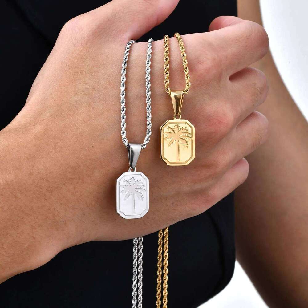 Hawaiian Tree Necklaces for Men,Stainless Steel Palm Trees Square Pendant Necklaces.Chic Stylish Jewelry Gift H260312
