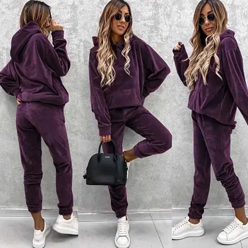 New casual womens suit solid color hooded sweatpants fall 2 piece set comfortable suede womens clothing corset trousers sets M260313