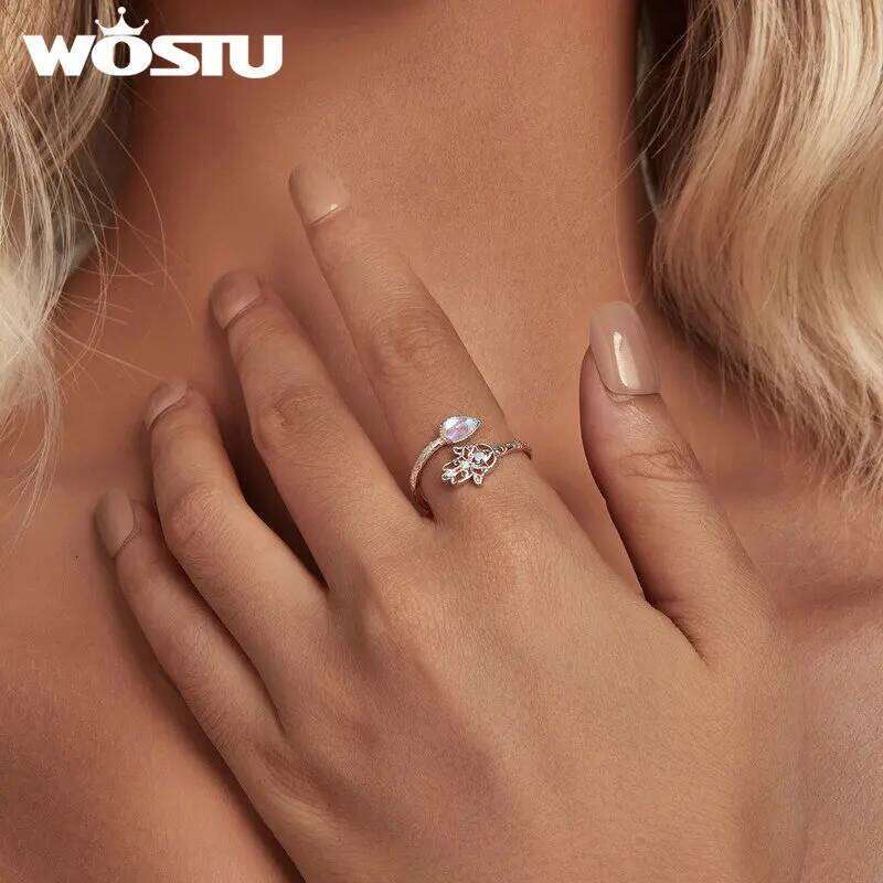 WOSTU Open 925 Sterling Silver Hamsa Hand Lucky Ring with Floral Patterns and Moonstone for Women Happiness Protection Gift H260312