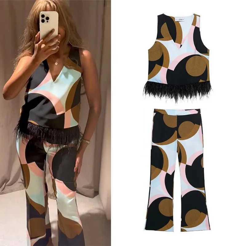 Geometric Print Patchwork Vest Pants Sets For Women 2 Piece Feather Decoration V-Neck Tank Tops Suits Casual Woman Outfits M260313