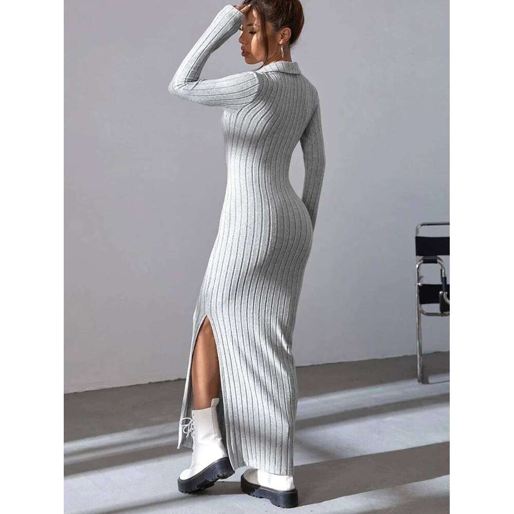 Spring and summer 2024 new style knitted slim lapel long sleeve dress pit strip solid color tight skirt Z260313