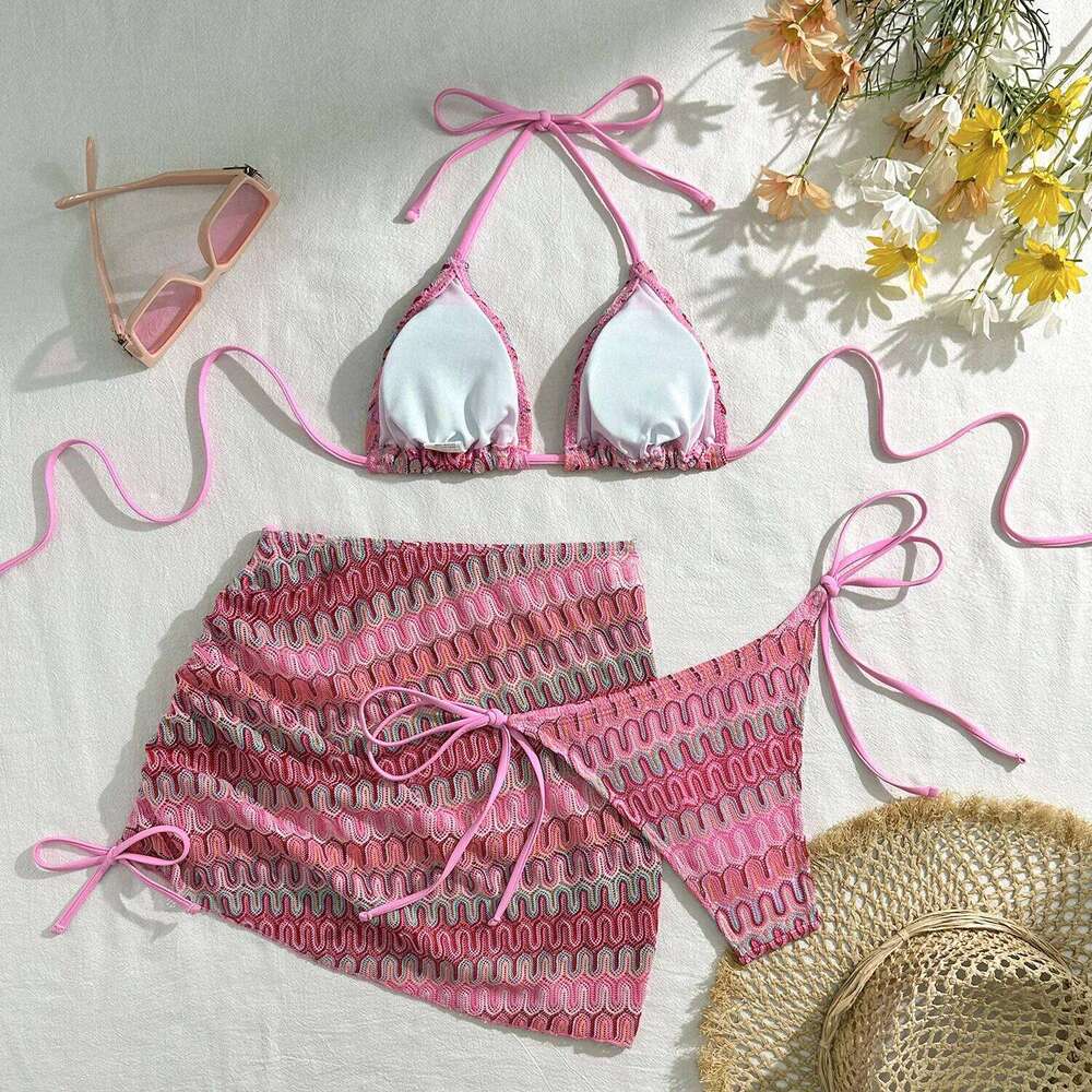 2025 New zigzag bikini three piece swimwear with skirt knitting bikinis swimsuit push up beachwear Y260303