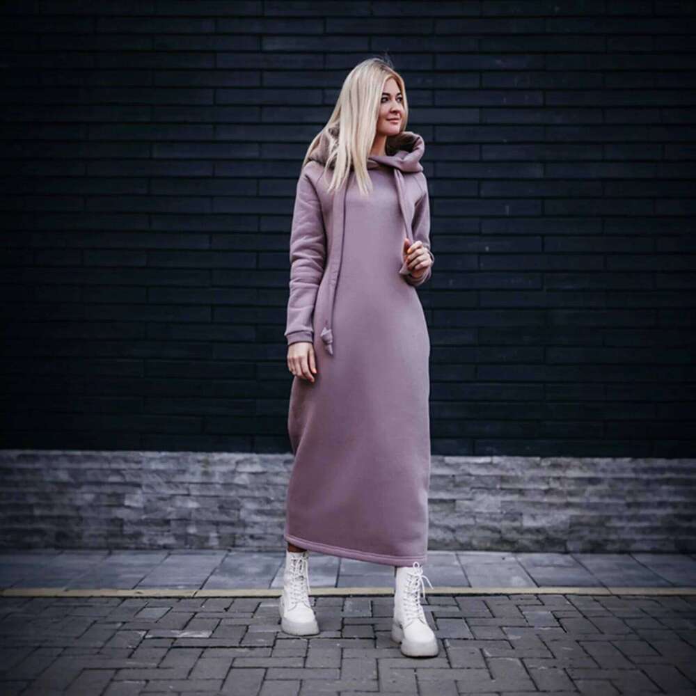 Women Fashion Autumn Winter New Loose Large Knitted Hooded Long Velvet Hoodie Casual Splicing Warm Dress Z260313