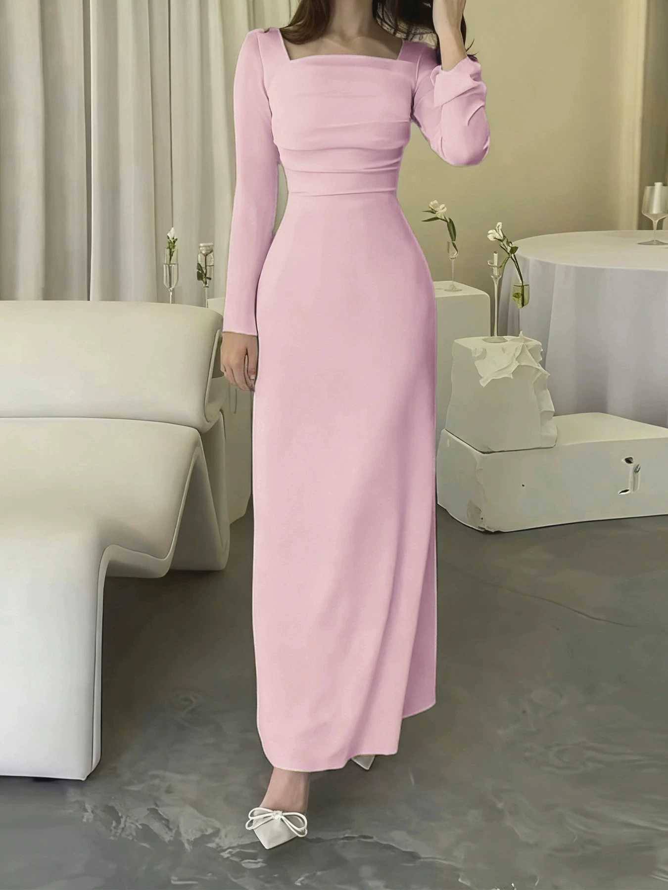 Square collar long sleeved new dress high waist solid color fashionable dress pleated slim fit high waist casual long dressT260314
