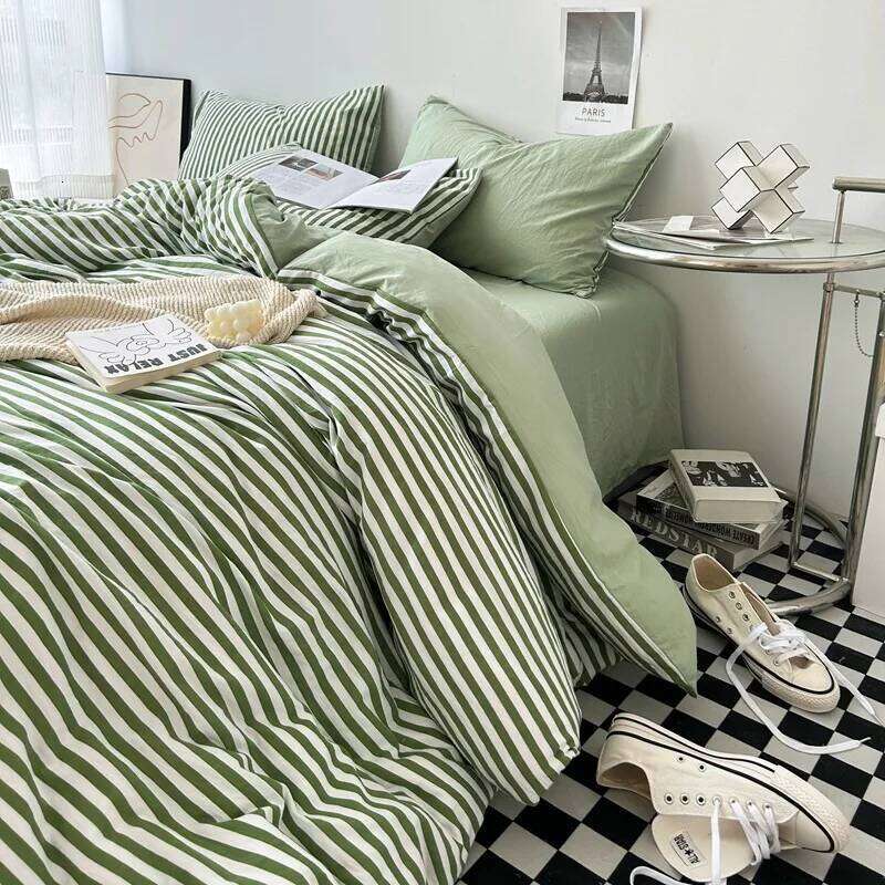 Green White Striped Bedding Set No Filler Ins Nordic Duvet Cover with Zipper Pillowcase Sheet Double Queen Bed Linens H260312 - view 4