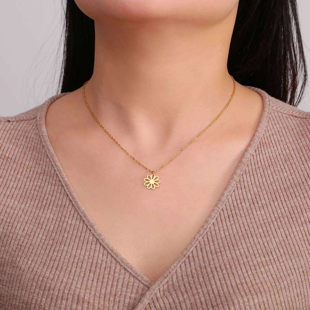 Teamer Cute Daisy Necklace Stainless Steel Minimalist Geometric Flower Charms Neck Chain Women Jewelry Mother's Day Gifts H260312