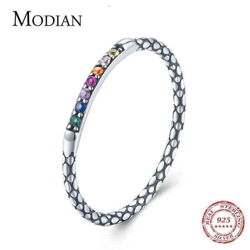 Modian 2021 New 925 Sterling Silver Colorful Rainbow Lucky Vintage Zircon Finger Ring For Women Sparkling CZ Jewelry Gift Bijoux H260312