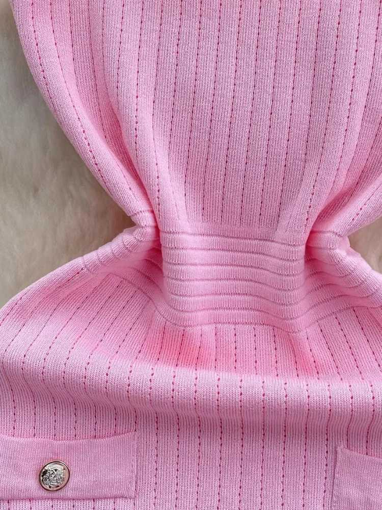 Womens Pink Sleeveless Stretchy Knit Mini Dress Ribbed Texture Button Decor Bodycon Short Dress Casual Summer Party DressT260314