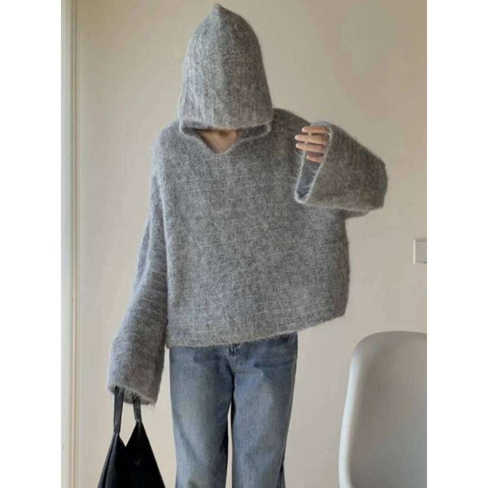 Korean Grey Lazy Style Hooded Knitted Sweater 2025 Autumn Winter Simple Casual Loose Pullovers Pure Color Versatile Tops Z260313