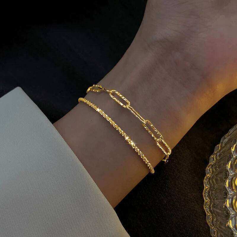 New Sparkling Golden Silver Color Bracelet Two-Piece Set Women's Fashion Trendy Daily Accessories Party Jewelry Birthday Gifts Z260313