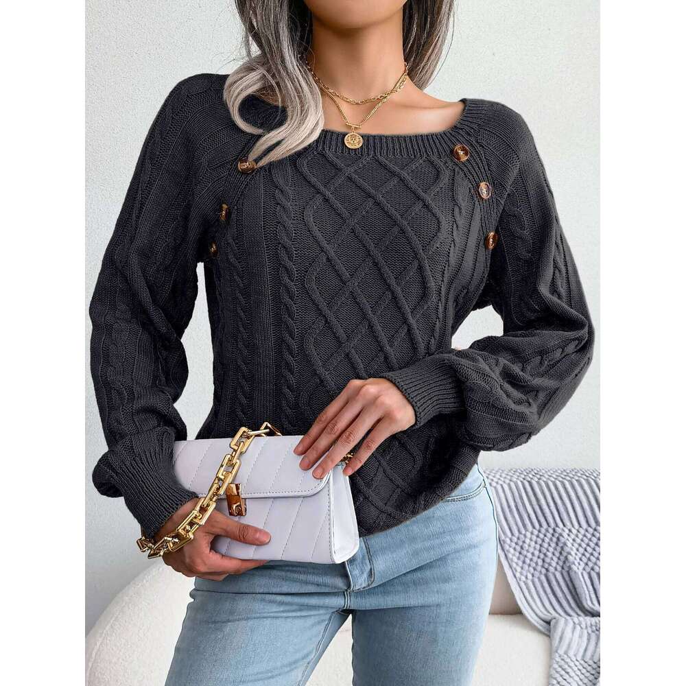 Woman Casual Plain Square Collar Buttons Long Sleeve Knitted Pullover Sweaters for Autumn Winter 2026 Fashion Women Clothes Z260313