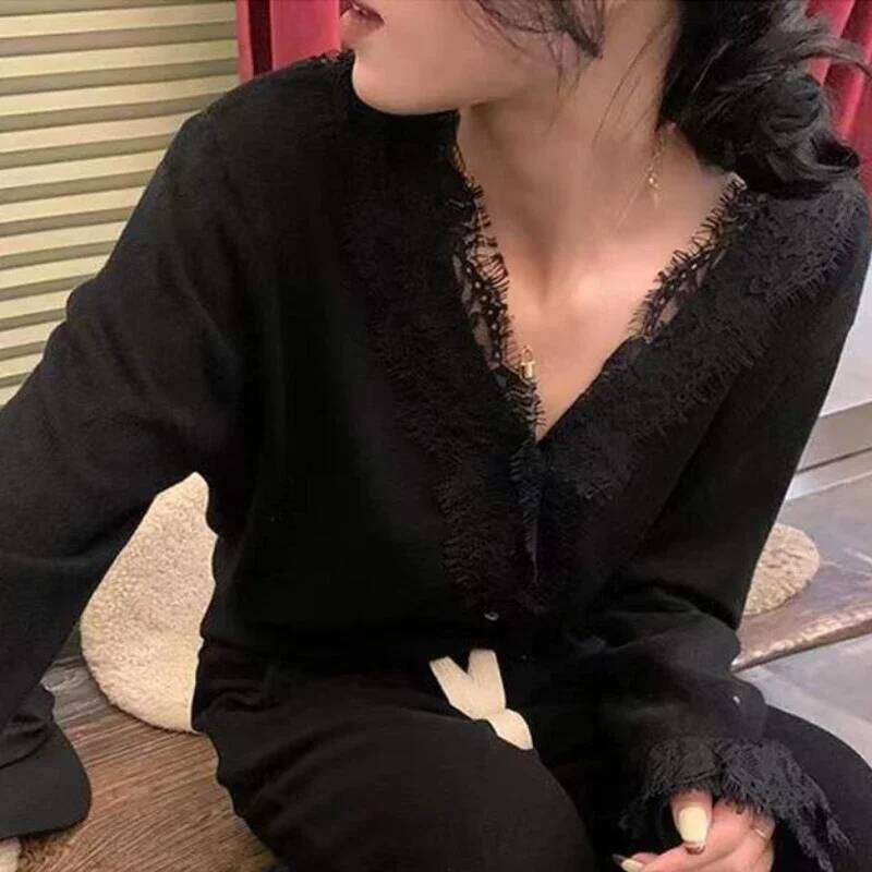 Cardigan Women Hotweet Tender Lace Inner Slim Y2k Sweater Casual Korean Style Girls V-neck Soft Autumn Long Sleeve Temper Chic Z260313