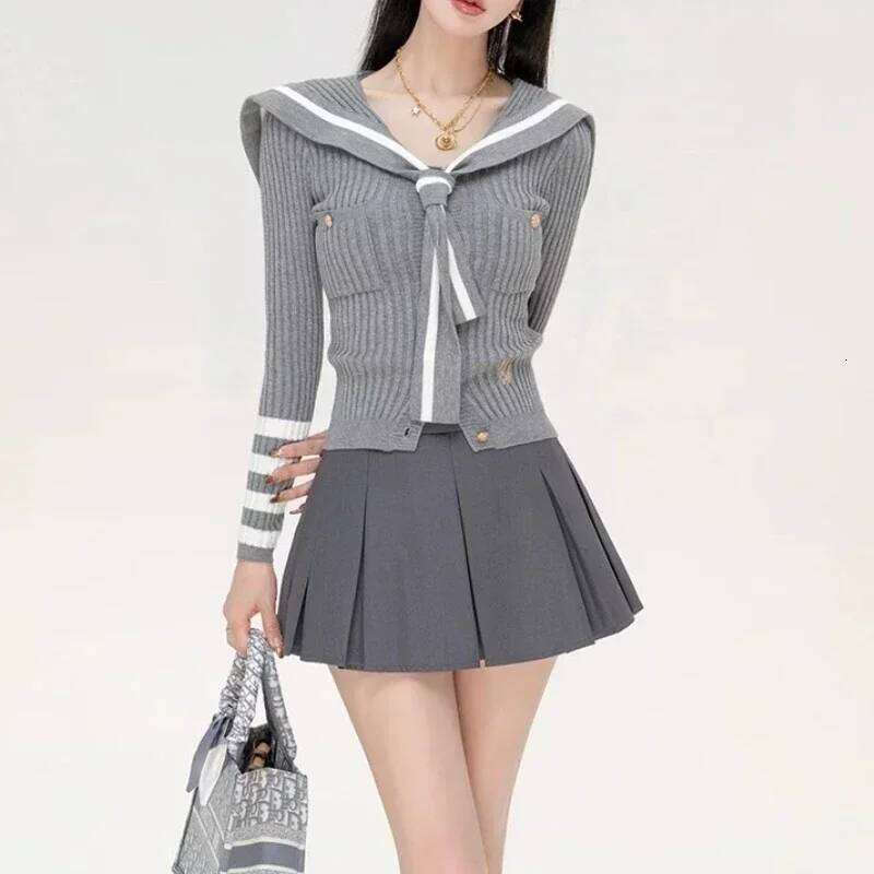 Preppy Style Knitted Women Striped Sailor Collar Cute Long Sleeve Sweater Elegant Sweet Autumn Winter Cardigan Z260313