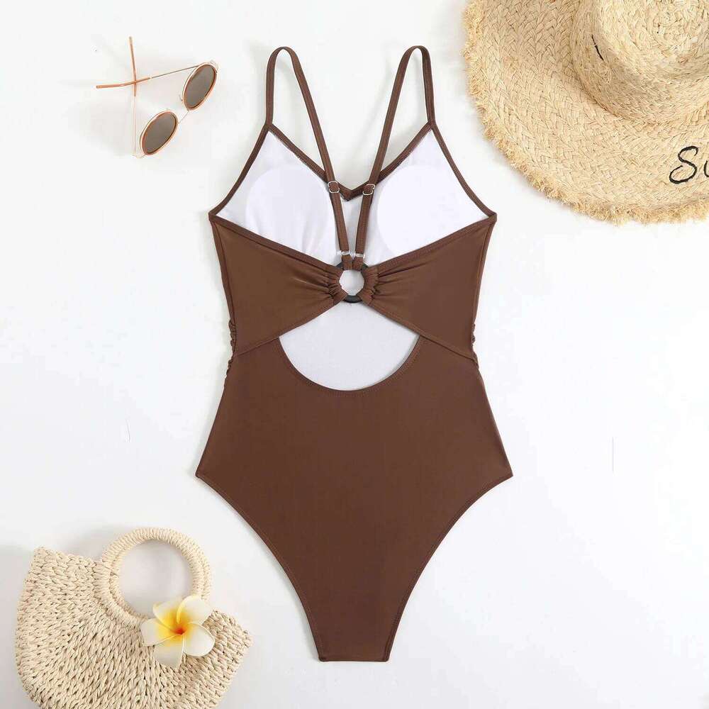 Women solid back hollow out ring swimsuit one piece bikinis Swimwear high waist bathing suit beach outfits bodysuit biquini Y260303